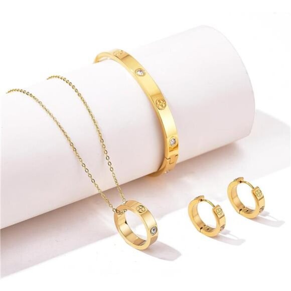 Gold-Tone Screw Design Jewelry Set – Necklace, Earrings & Bangle Bracelet - Picture 2 of 5